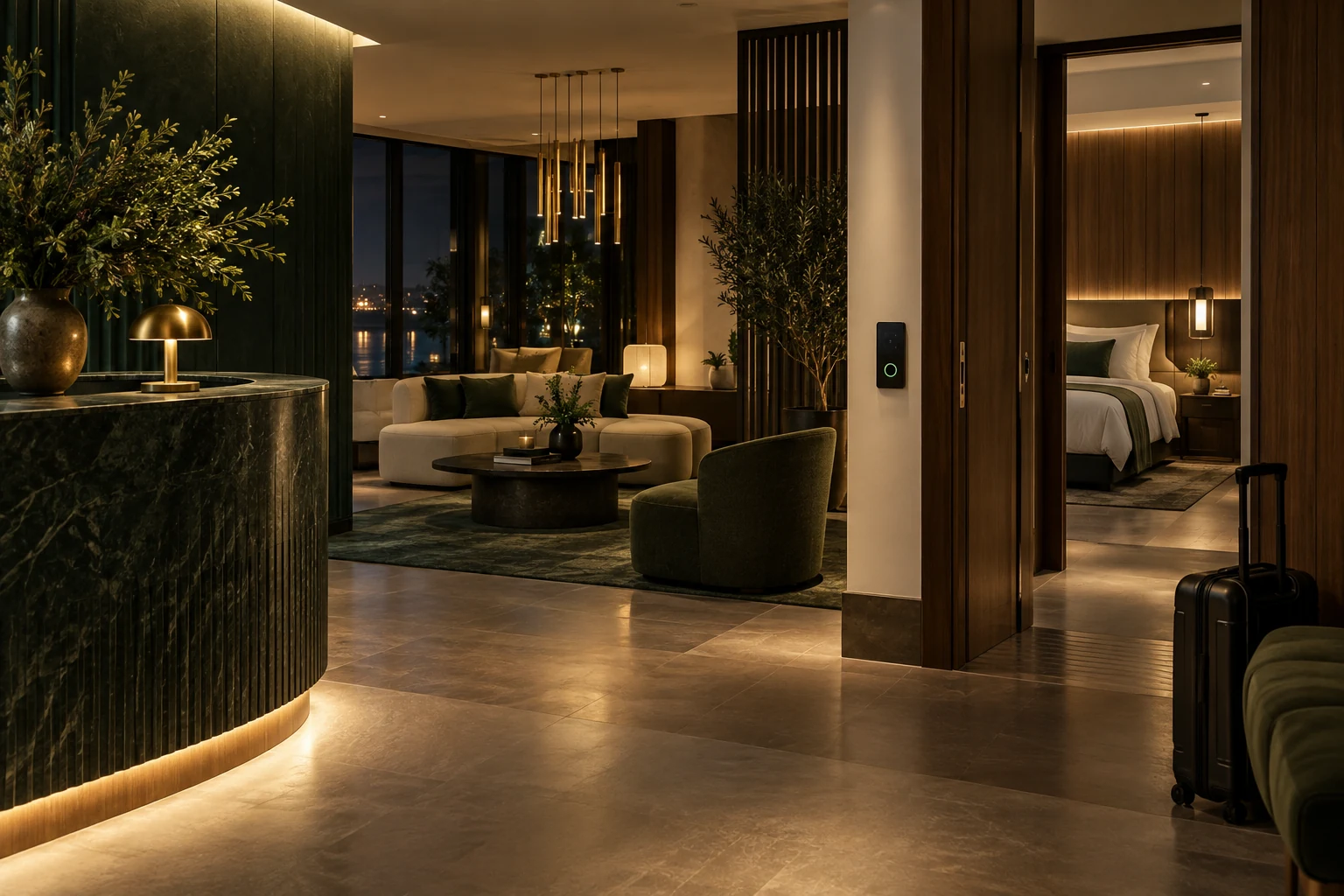 Spazi di un hotel contemporaneo con servizi tecnologici integrati